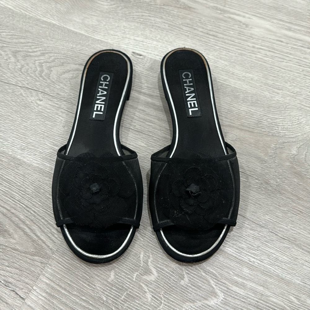 Chanel Black Cloth Mules